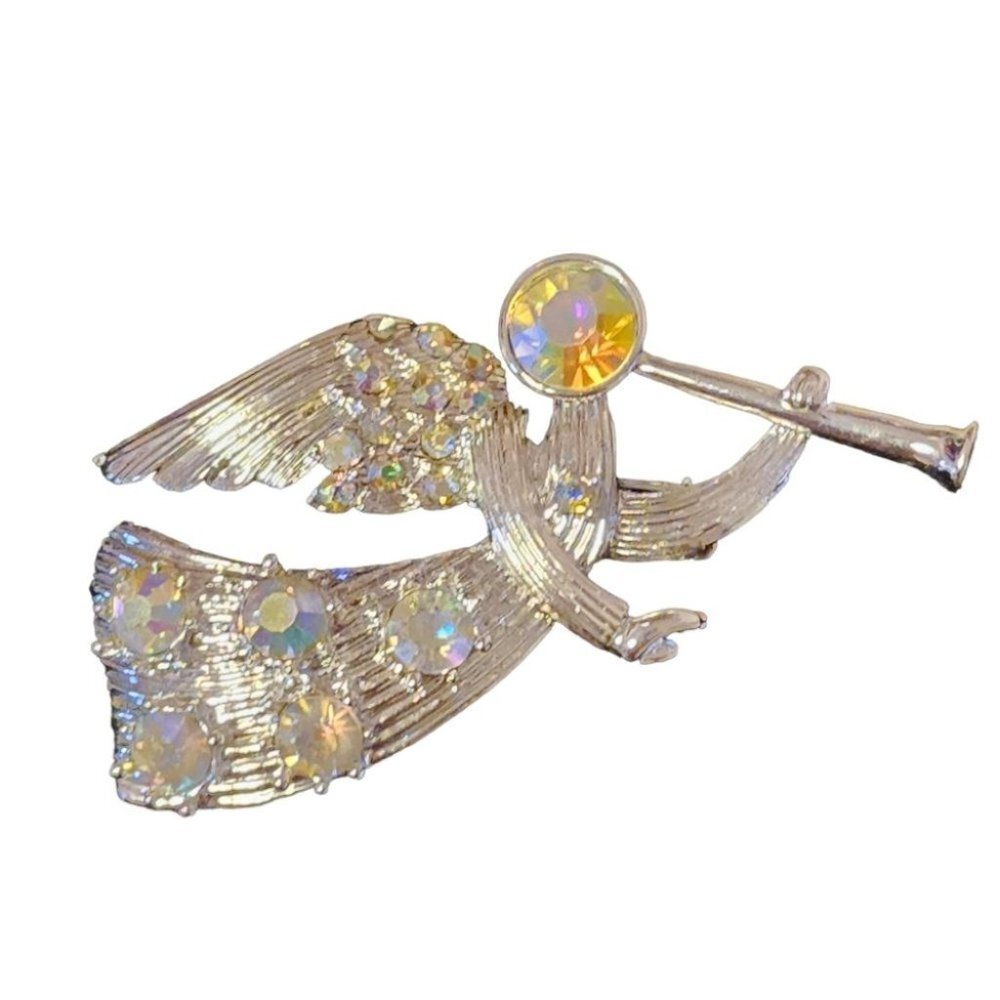 Christmas Brooch Angel with Horn Aurora Borealis Rhinestones